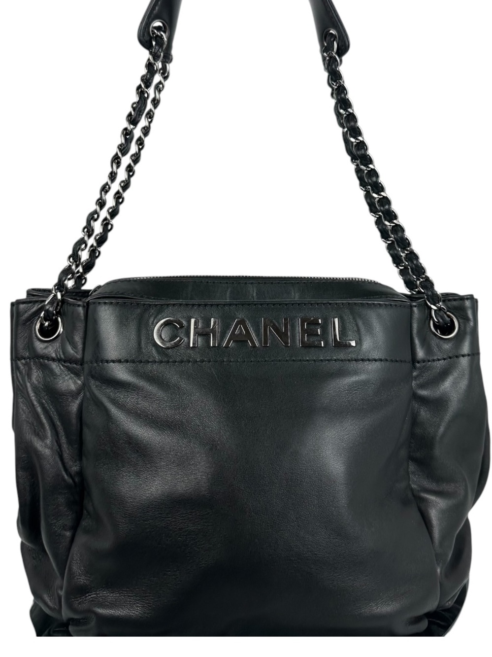 CHANEL LOGO Black LAMBSKIN Leather Chain-Handle Shoulder Bag